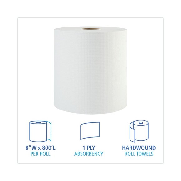 Boardwalk Hardwound Paper Towels, 8" x 800ft, 1-Ply, White, 6 Rolls/Carton - Picture 2 of 4